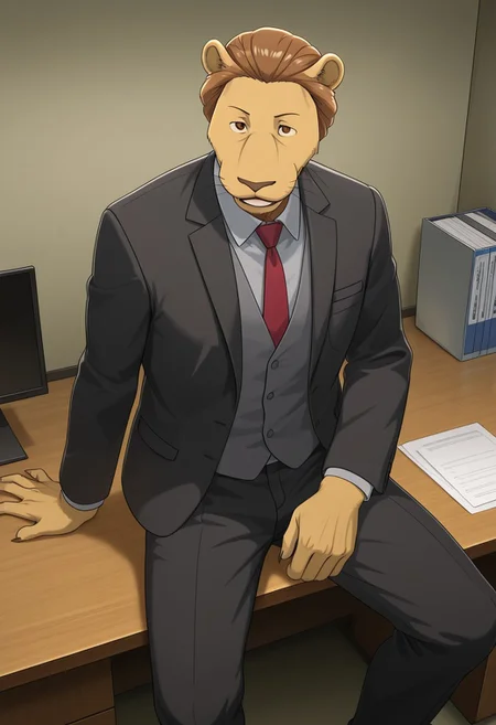masterpiece, best quality, amazing quality, very aesthetic, absurdres, newest,  high quality, detailed, male, solo male, 1boy, MayorBeastars, anthro, lion, mature male, athletic build, brown eyes, brown hair, animal ears, broad shoulders, red tie, gray shirt, black suit jacket, sitting, indoors, sitting at desk, office, looking at viewer, smiling, volumetric lighting