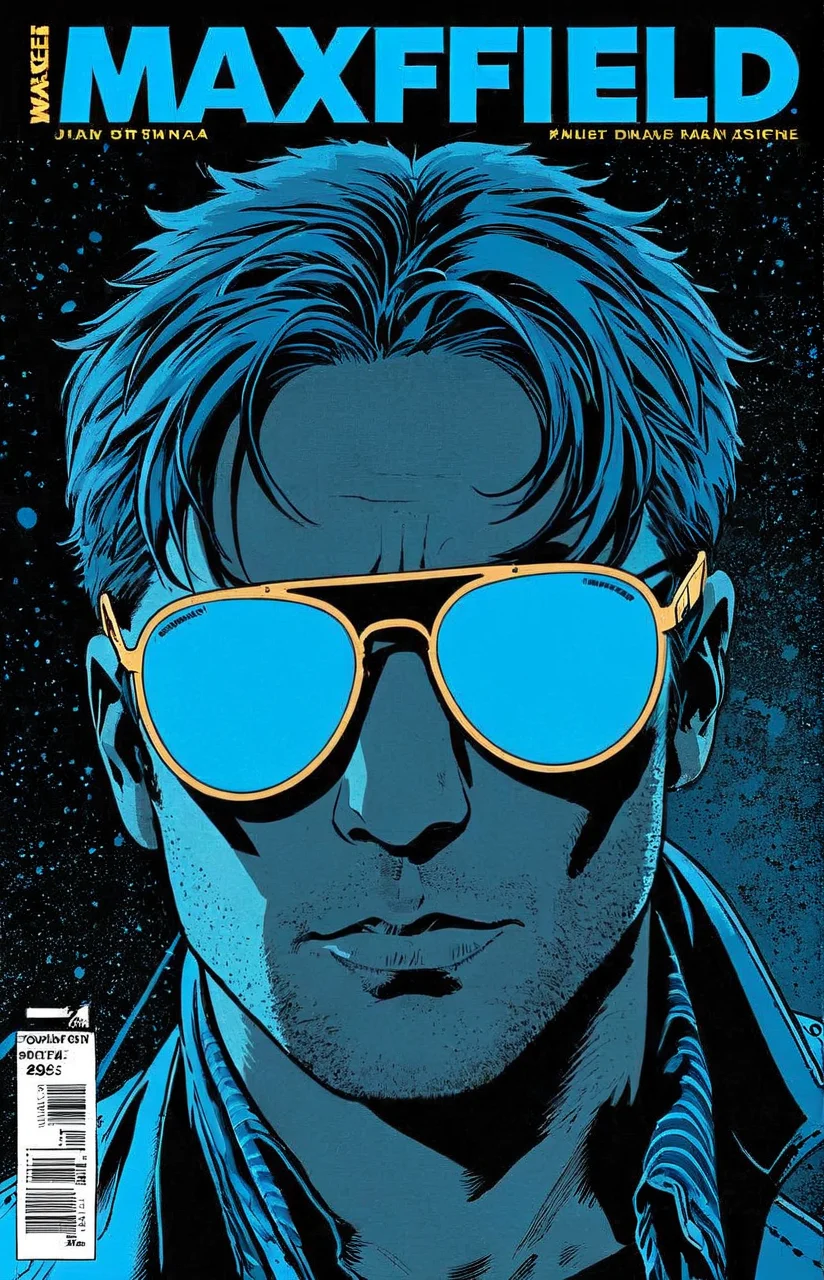 a comic cover of a man in blue sunglasses, text "Maxfield", outline, best quality, masterpiece, cbcmkrsdxl, comics logo, <lora:cbcmkrsdxl:0.9>, dark,