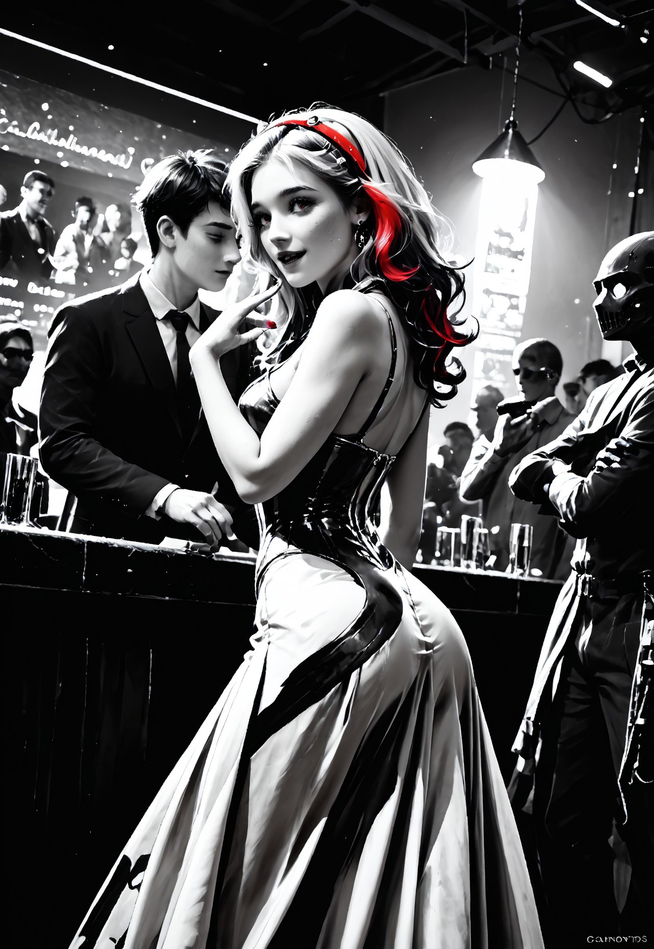 (((Girl seduces robots, threesome, mmf, 2boys 1girl))), rear view,

score_9, score_8_up, score_7_up, Realistic, cinematic shot, selective color, monochrome background, grayscale, 4k, Gadget, 

1girl, 20yo, blonde, correct hand anatomy, red hair highlights, front highlights, wide face, perfect face, stunning, breathtaking face, detailed face, expressive eyes, extremely cute, medium boobs, round stomach, sexy, happy, pleasure, flirty, flirting, coquette, sensual, seductive, dancing,

Pear-shaped figure, short female, stocky, perfect round butt, wide hips, narrow waist, strong legs, thick thighs, long legs, short torso, narrow shoulders, 

exotic outfit, light skirt, long skirt, belly dancing, suggestive, sensual, hand on robot, grinding  against a robot, robot focus, metal against skin,

(Multiple robots, robot, rust, watching girl, aroused),

Cantina, nightclub, middle east, clay hut, alien world, Multiple strange life forms, intergalactic species, strong, extra-terrestrial, everyone, dim light,

Detailed background, black and white background , indoors, dusty,

highres, absurdres, in focus, hetero,

easynegative, CyberRealisticPony_POSV1, Stable_Yogis_PDXL_Positives, negative_hand, ALRGFC, alluring face, realistic, Gadget, SelectiveColorStyle, 1colorpop, 2colorpop