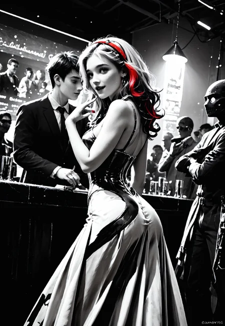 (((Girl seduces robots, threesome, mmf, 2boys 1girl))), rear view,

score_9, score_8_up, score_7_up, Realistic, cinematic shot, selective color, monochrome background, grayscale, 4k, Gadget, 

1girl, 20yo, blonde, correct hand anatomy, red hair highlights, front highlights, wide face, perfect face, stunning, breathtaking face, detailed face, expressive eyes, extremely cute, medium boobs, round stomach, sexy, happy, pleasure, flirty, flirting, coquette, sensual, seductive, dancing,

Pear-shaped figure, short female, stocky, perfect round butt, wide hips, narrow waist, strong legs, thick thighs, long legs, short torso, narrow shoulders, 

exotic outfit, light skirt, long skirt, belly dancing, suggestive, sensual, hand on robot, grinding  against a robot, robot focus, metal against skin,

(Multiple robots, robot, rust, watching girl, aroused),

Cantina, nightclub, middle east, clay hut, alien world, Multiple strange life forms, intergalactic species, strong, extra-terrestrial, everyone, dim light,

Detailed background, black and white background , indoors, dusty,

highres, absurdres, in focus, hetero,

easynegative, CyberRealisticPony_POSV1, Stable_Yogis_PDXL_Positives, negative_hand, ALRGFC, alluring face, realistic, Gadget, SelectiveColorStyle, 1colorpop, 2colorpop