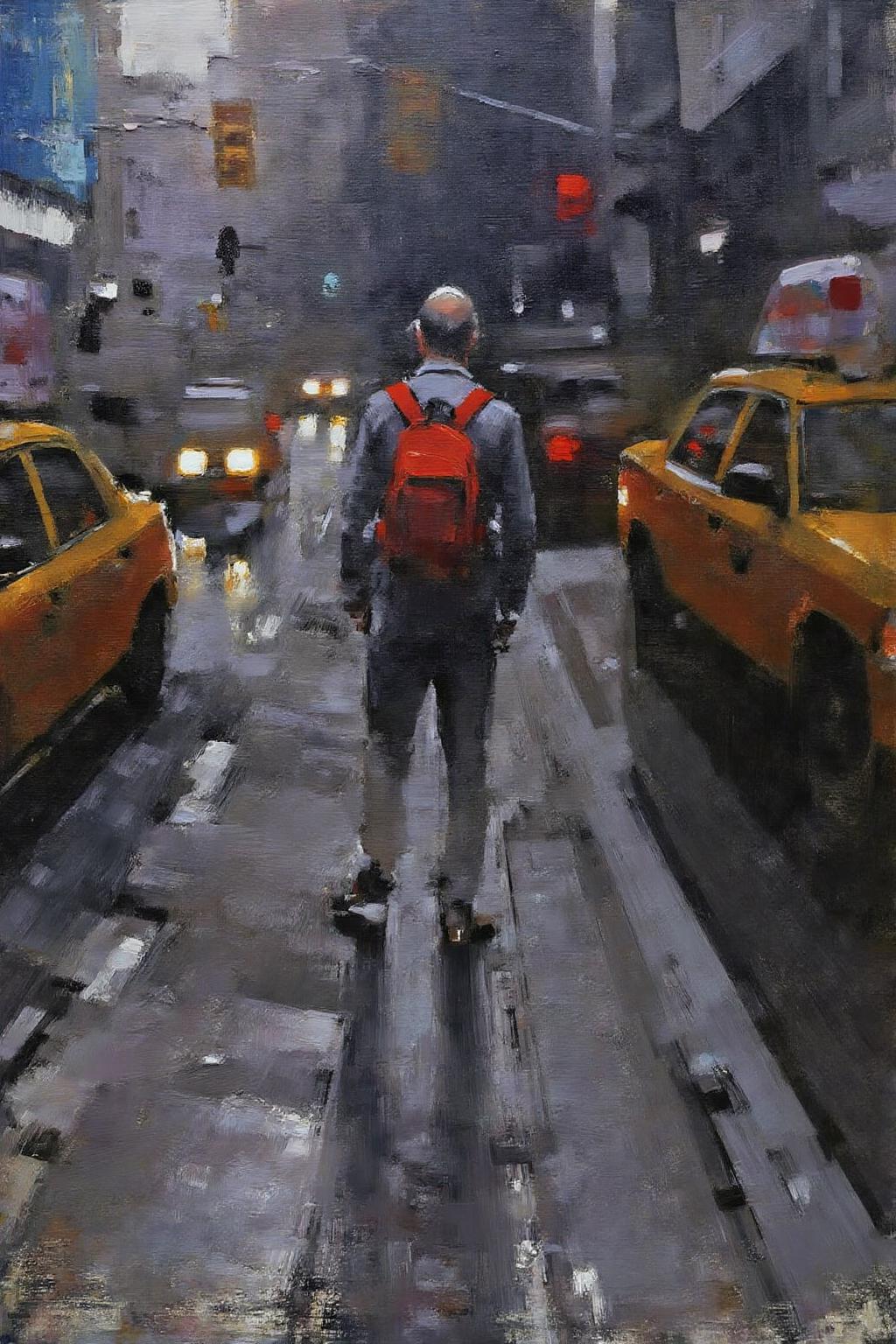 marklague1 painting.
A city street at night, with several cars, including a yellow taxi. A person with a red backpack stands in the middle. The background includes buildings in blue and gray and some traffic lights. <lora:marklague1_cap_d8a4e12:1.0><lora:855115728917906301:0>