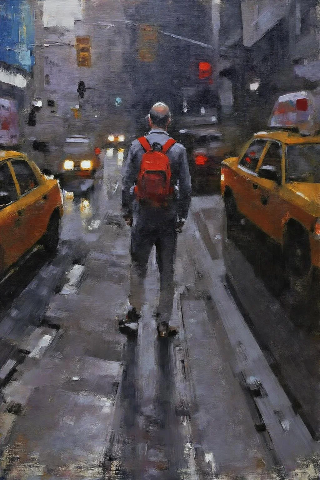 marklague1 painting.
A city street at night, with several cars, including a yellow taxi. A person with a red backpack stands in the middle. The background includes buildings in blue and gray and some traffic lights. <lora:marklague1_cap_d8a4e12:1.0><lora:855115728917906301:0>