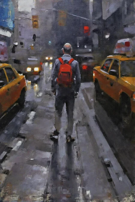 marklague1 painting.
A city street at night, with several cars, including a yellow taxi. A person with a red backpack stands in the middle. The background includes buildings in blue and gray and some traffic lights. <lora:marklague1_cap_d8a4e12:1.0><lora:855115728917906301:0>