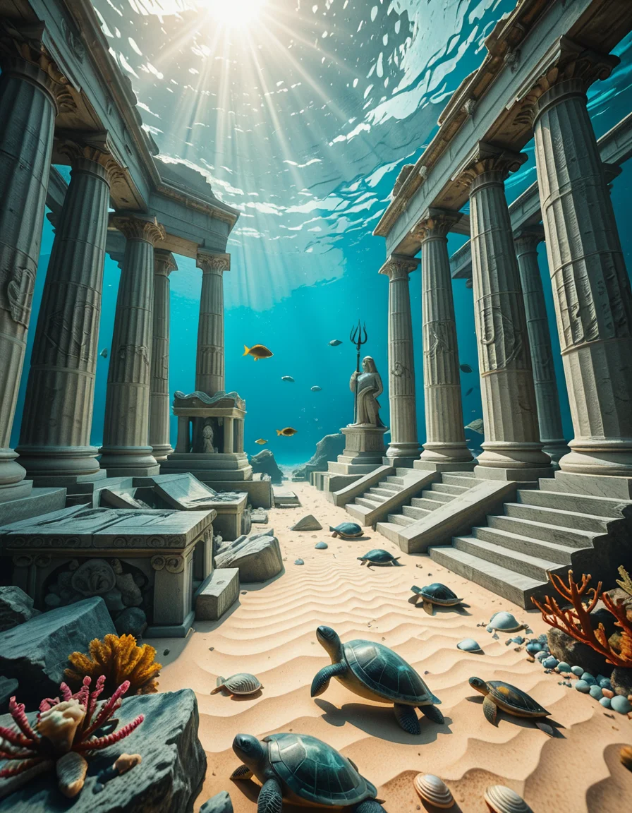 An ancient underwater Temple of Poseidon, partially buried in sand and coral at the bottom of the Aegean Sea. Massive marble columns, some broken, others still standing, encrusted with seashells and marine life. Soft sunlight filtering through the ocean surface above, casting shimmering rays over the temple ruins. Colorful fish and sea turtles swimming peacefully around. The atmosphere is mystical and serene, with a bluish-green hue dominating the scene. A statue of Poseidon with a trident stands at the center of the temple, covered in algae and marine growth. Realistic style, high detail, cinematic lighting, wide-angle view.
<lora:SDXLFaeTastic2400:0.4> <lora:extremely_detailed:0.4> extremely detailed,underwater Temple of P0s31d0n, <lora:underwater_Temple_of_P0s31d0n-i:1>, Masterpiece,best quality,hi res,8k,hi res,8k,award winning,(sharp focus, intricate, highly detailed),