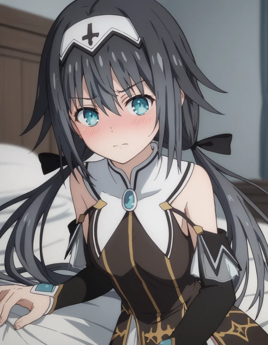 score_9, score_8_up, score_7_up, source_anime,
nibelcole, <lora:nibelcole-s4s5-ponyxl-lora-nochekaiser:1>,
nibelcole, long hair, blue eyes, black hair, hair between eyes, twintails, very long hair, hairband, low twintails, white hairband,
skirt, detached sleeves, sleeveless, white skirt, black sleeves,
indoors, bed, bed room, on side, blush, drunk,
looking at viewer, solo, cowboy shot, dutch angle,