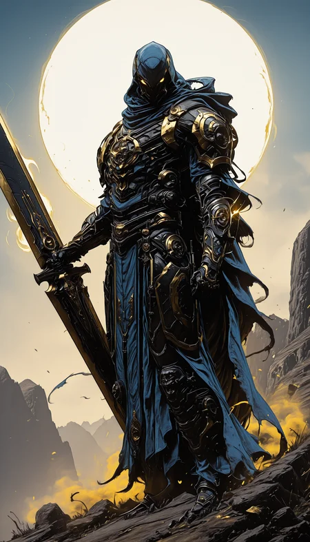 holding weapon, fighting stance, holding  buster sword,huge weapon,, WCG-Illu,, kaarea masterpiece, best quality, high quality, ultra-detailed, realistic,  traditional media, vivid_color, high contrast, speed lines, move_effects, action Create a detailed digital artwork of a menacing, armored figure standing atop a rocky terrain. The figure is clad in dark, metallic armor with gold accents, and wields a long, ornate sword with a golden hilt. The armor is intricately designed with sharp, angular features, and the figure's face is obscured by a hood, adding to the enigmatic aura. The background features a dramatic sky with hues of orange and gray, suggesting either dawn or dusk. The overall style should reflect dark fantasy or gothic themes, with a focus on creating a sense of foreboding and mystery. solo, 1boy, holding, standing, full_body, yellow_eyes, weapon, horns, sword, holding_weapon, cape, armor, no_humans, glowing, holding_sword, helmet, gauntlets, glowing_eyes, fantasy, full_armor,    holding weapon, fighting stance, holding  buster sword,huge weapon,, WCG-Illu,, kaarea