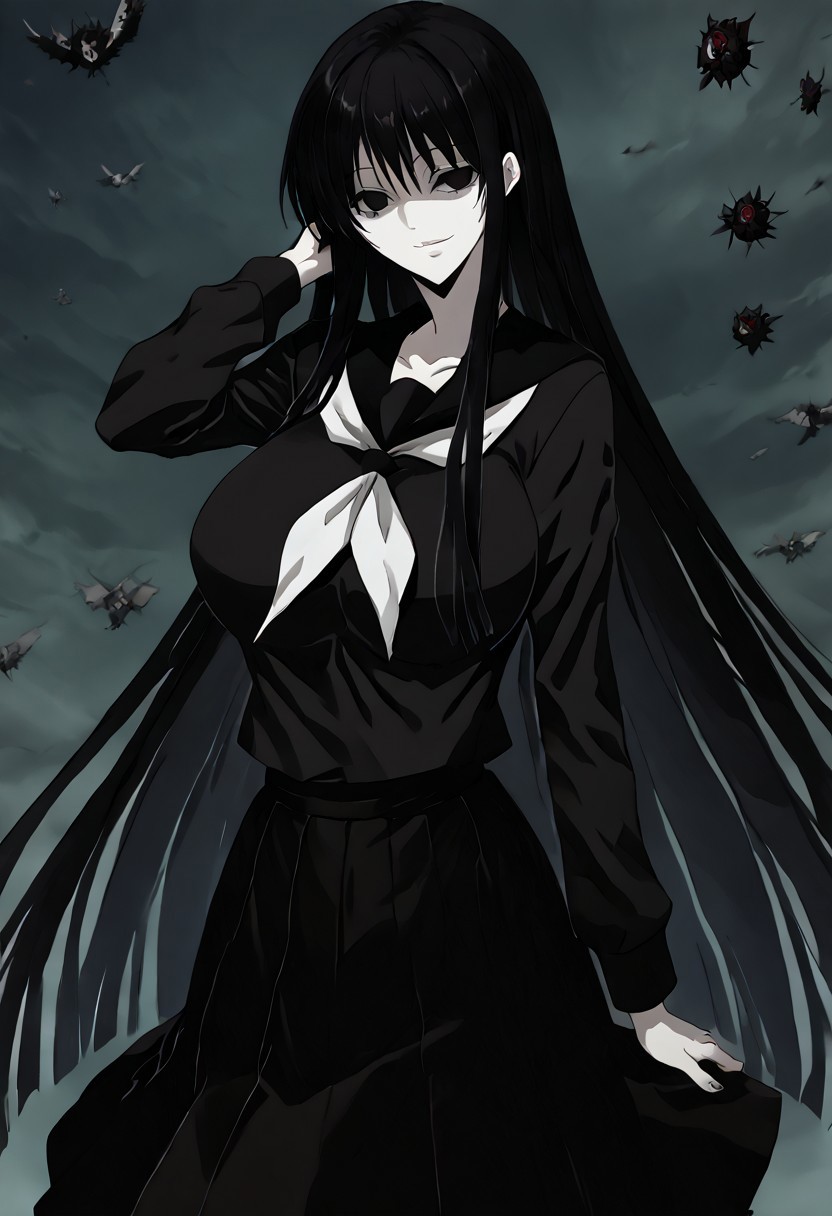 score_9, score_8_up, score_7_up, score_6_up, score_5_up, score_4_up, source_anime, 1girl, 1others, solo, 
hagoromogitsune, smile, empty eyes, black hair, huge breasts, very long hair,
school uniform,black serafuku,serafuku,black shirt,black skirt, 
masterpiece, best quality, very aesthetic, absurdres,