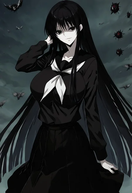 score_9, score_8_up, score_7_up, score_6_up, score_5_up, score_4_up, source_anime, 1girl, 1others, solo,
hagoromogitsune, smile, empty eyes, black hair, huge breasts, very long hair,
school uniform,black serafuku,serafuku,black shirt,black skirt,
masterpiece, best quality, very aesthetic, absurdres,