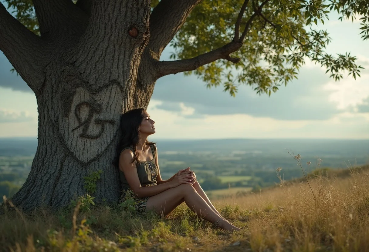 cinematography, realistic photograph, a sad beautiful woman sits next to a large tree on a hill in a vast meadow, she is crying and is looking out onto the distance. The tree has a carving of a heart and initials "V and L"