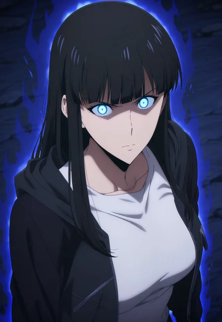 anime coloring, anime screencap, solo leveling style, 1girl, black hair, long hair, blunt bangs, blue eyes, glowing eyes, looking at viewer, serious, closed mouth, black jacket, hooded jacket, white shirt, open jacket, medium breasts, upper body, portrait, dark, darkness, absurdres, aura, from above, masterpiece, best quality, highres, very aesthetic, very awa, newest, amazing details, intricate details, ultra detailed