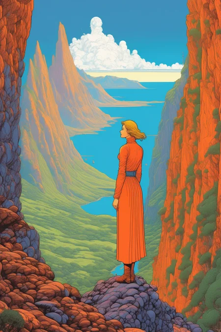 <lora:Luc Schuiten Style:1>Luc Schuiten Style - New Zealand southern fjordland in the style of Moebius, line art, comicbook front-cover graphic, bold colours, featuring a lone beautiful female figure looking on the landscape, with some tall vertical structures on the mountains