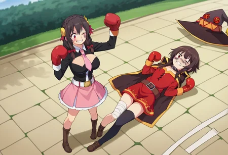 boxing gloves, red boxing gloves, <lora:girlsboxingdownlorapony1-000100:0.3>, gbdown, full body, score_9, score_8_up, score_7_up, source_anime, 2girls, outdoors, landscape, BREAK
<lora:konosuba-yunyun-s1s2-ponyxl-lora-nochekaiser:0.5> yunyun, black hair, hair ornament, red eyes, bow, braid, crown braid,
skirt, thighhighs, long sleeves, necktie, belt, clothing cutout, cleavage cutout, pink skirt, pink necktie, zettai ryouiki, large breasts,
shoes, arms up, smile, happy, standing, (bruised eye:1.2), (bruise on face:1.1), one eye closed, clenched teeth, BREAK
konosubamegumin, <lora:konosuba-megumin-s2-ponyxl-lora-nochekaiser:0.3>, megumin, short hair, black hair, red eyes, short hair with long locks,
thighhighs, gloves, hat, dress, belt, black thighhighs, cape, collar, witch hat, bandages, red dress, single thighhigh, asymmetrical legwear, bandaged leg,
lying, on back, lying on back, (bruised eye:1.2), (bruise on face:1.1), one eye closed, clenched teeth,