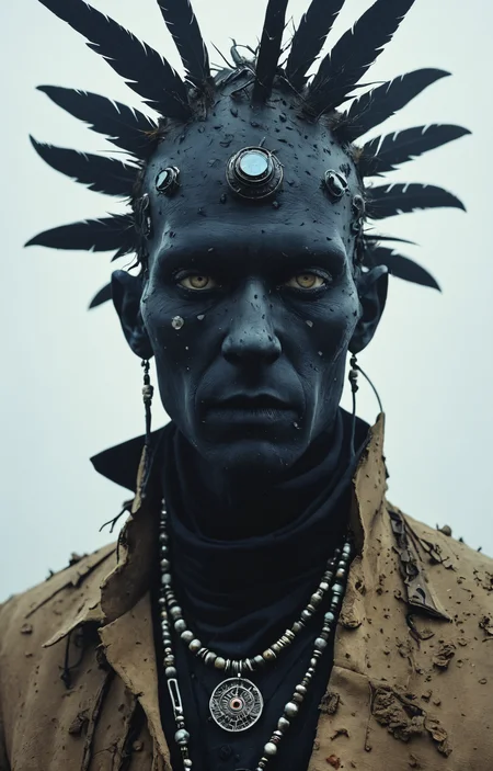 shaman of the many extra eyes , dust, dirt,high contrast,minimalistic, stark,dramatic,silhouette style, close up , Tim Walker, Jamie Hewlett<lora:Cyberpunk _Anime_V2_light_version-SDXL:1>
