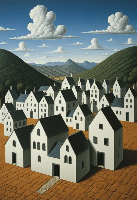 A small European village made of 3D puzzle pieces.
Style tags: Surrealist art, Rafal Olbinski, René Magritte, Jean Arp, Frida Kahlo, Jan van Eyck, William Hogarth, Pierre-Auguste Renoir, Xidong Luo, Kazimir Malevich