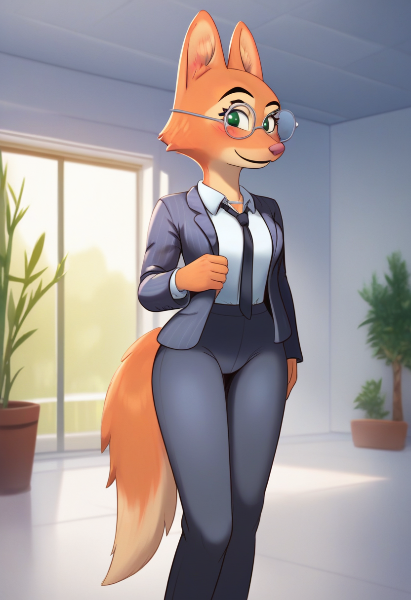 zPDXL, score_9,score_8_up,score_7_up,_up,source_cartoon, best quality, amazing quality, masterpiece, 1girl, looking at viewer, solo, fullbody, cute, blush, smile, <lora:DianeFoxington:0.8> , diane foxington, green eyes, orange fur, fox girl, jewelry, indoors, room, plant, formal, white shirt, collared shirt, glasses, suit, jacket, long sleeves, black necktie, pants, fox tail,  johnmarten, <lora:johnmarten:1.2>