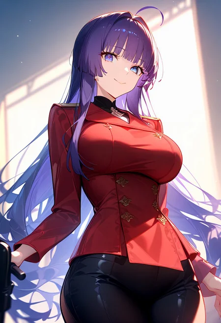 (score_9, score_8_up, score_7_up, source_anime) (masterpiece:1.2, best quality), (finely detailed eyes: 1.2) (ultra-detailed, hires), (detailed face, detailed eyes), (best illumination), detailed glow, high contrast, looking at viewer, ((solo)), emotionless, smile, squinted eyes, closed mouth, 1girl, solo, (large breasts, thin waist, wide hips), raiden_mei, ((dark_purple hair)), indigo eyes, long hair, blunt bangs, ((red peacoat, closed peacoat, black trousers)), face shot, cowboy shot, no background, empty background, (masterpiece, best quality, very aesthetic, absurdres), (ultra detailed perfect piece:1.2), illustration, masterpiece, (extremely detailed CG 8k), (very fine 8K CG), <lora:add-detail-xl:-1>