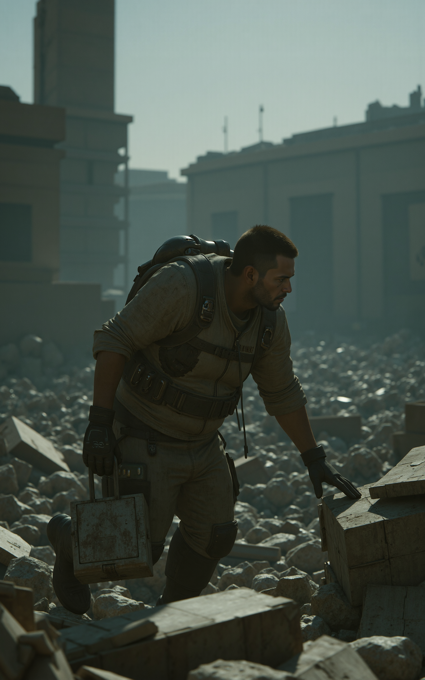 A lone scavenger searching for supplies in the ruins of a collapsed city,side-view close-up shot,focused on the searching action. Wearing a tattered survival outfit with makeshift armor,the rescuer lifts debris with gloved hands,dust and dirt covering their face. The ruins in the background are engulfed in a smoky haze,with remnants of civilization scattered around. The atmosphere is tense,evoking a sense of struggle and survival. Dark,moody,cinematic,high detail.,
<lora:kcyberpunk-01:0.6>,kcyberpunk,