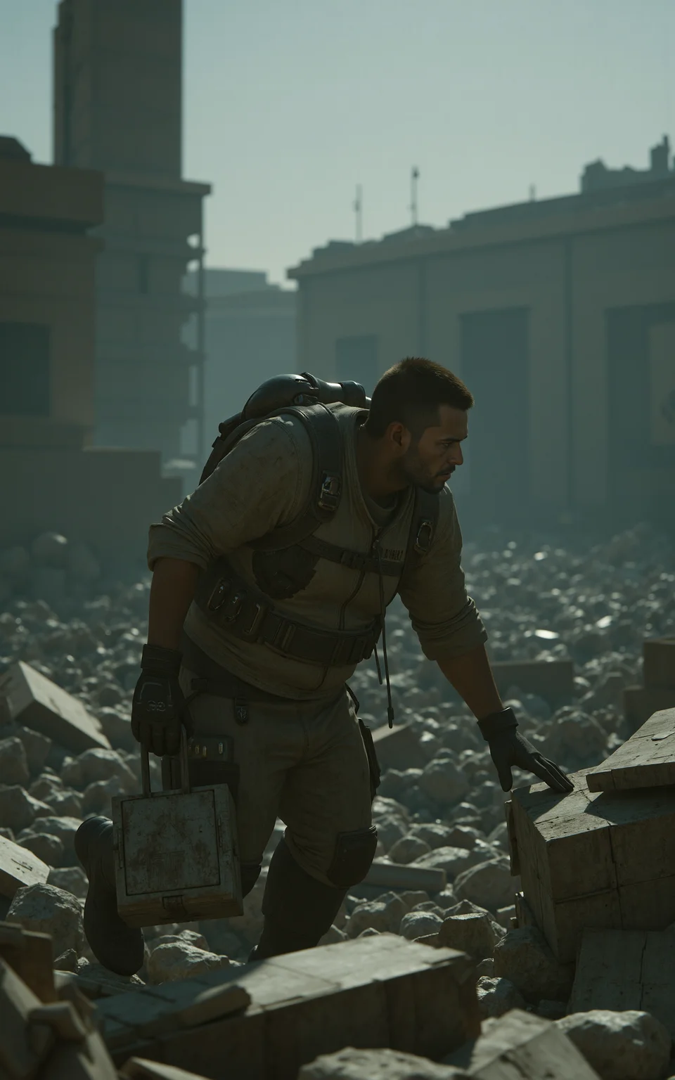 A lone scavenger searching for supplies in the ruins of a collapsed city,side-view close-up shot,focused on the searching action. Wearing a tattered survival outfit with makeshift armor,the rescuer lifts debris with gloved hands,dust and dirt covering their face. The ruins in the background are engulfed in a smoky haze,with remnants of civilization scattered around. The atmosphere is tense,evoking a sense of struggle and survival. Dark,moody,cinematic,high detail.,
<lora:kcyberpunk-01:0.6>,kcyberpunk,