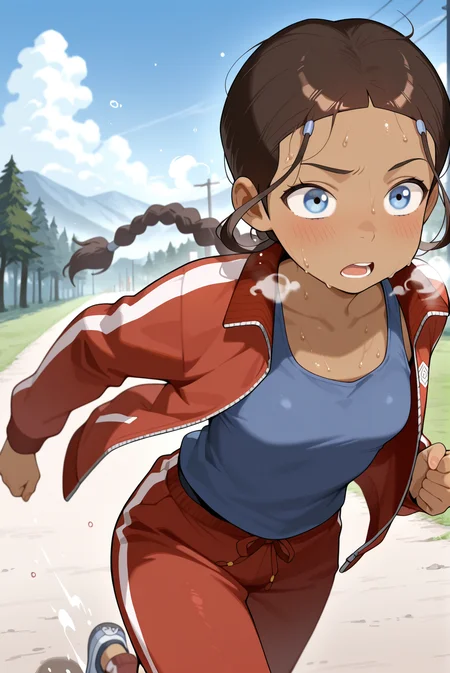 masterpiece,best quality,amazing quality, absurdres, 1girl, solo, <lora:IlluKatara:1> illukatara, dark-skinned female, brown hair, blue eyes, single braid, track suit, track pants, track jacket, open jacket, tank top, jogging, sweat, heavy breathing,