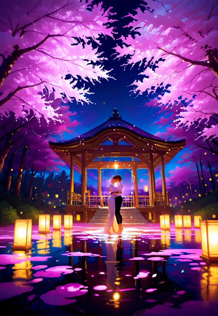 HDR, 8K, Ultra HD Wallpaper, 2.5D, high contrast, masterpiece, best quality, amazing quality, very aesthetic, ultra-detailed, absurdres, newest, scenery, BREAK, stunning scenery portrait, (wide-angle shot, full frame, silhouette focus:1.4), (two distinct silhouetted figures standing close in the gazebo, soft embrace, subtle details in the silhouettes:1.6), (grand Japanese garden, moonlit ambiance, glowing cherry blossoms, large reflective pond, lanterns, elegant wooden gazebo:1.5), (romantic wedding atmosphere, soft mist, ethereal lighting, breathtaking night sky:1.3), intense color contrast, intricate details, chiaroscuro lighting, sharp focus, cinematic framing, romantic ambiance, highly rendered, photorealistic, bokeh light effects, volumetric lighting, dappled light, light particles, dramatic shadows, depth of field, intricate textures, cinematic color grading, vibrant colors, IBG.