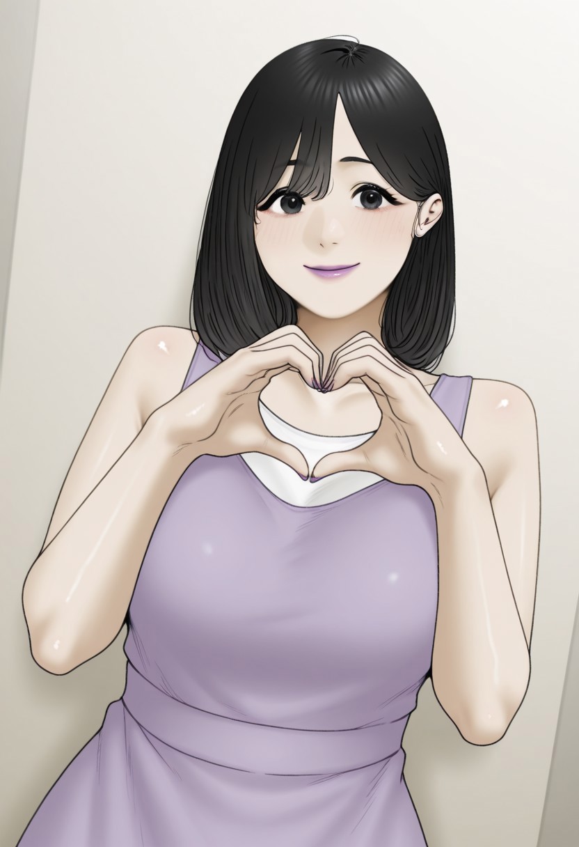 tantanmen, , 1girl, solo, medium build, medium hair, sfw, safe for work, covered skin, flowy dress,  black eyes, purple lipgloss, smiling, portrait, upper body, heart hands, mature female, foreshortening, detailed, newest, shiny skin, cowboy angle, solo focus, medium breasts,
,