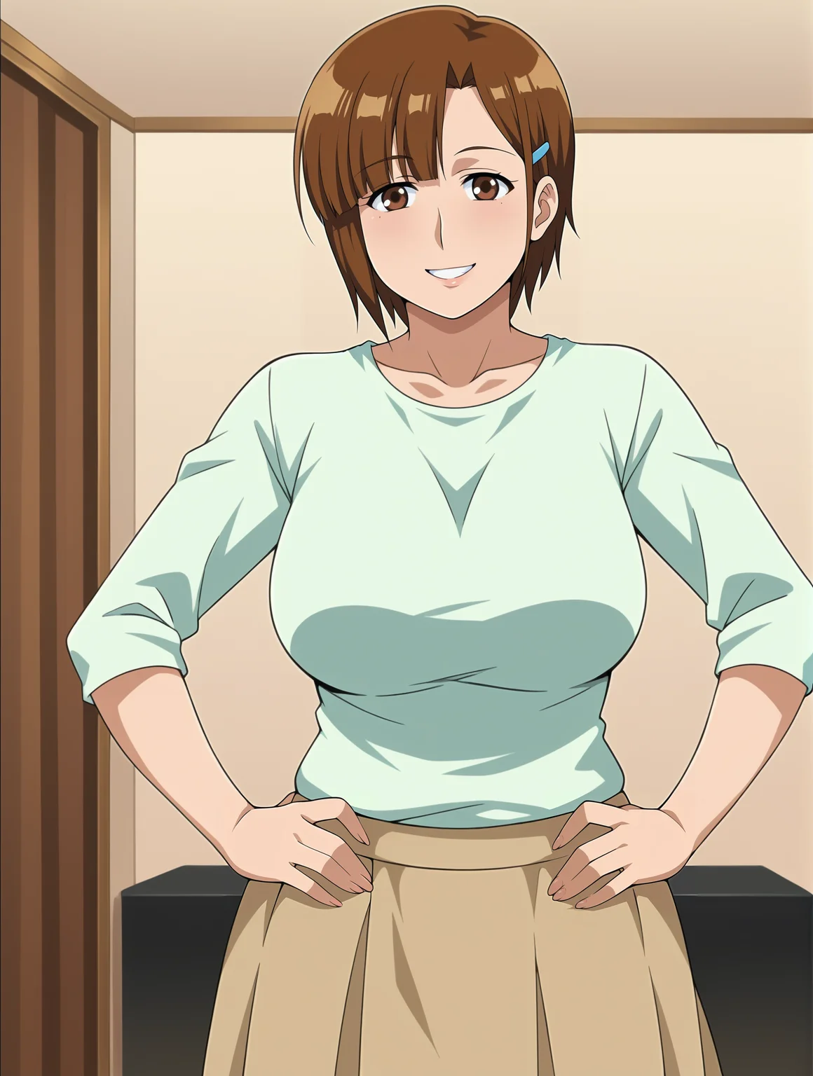 <lora:Kanako_Agahara-Hitozuma_Koukan_Nikki:0.7>,Kanako,mature female,1girl,solo,brown hair,short hair,brown eyes,hairclip,breasts,shirt,skirt,cowboy shot,hands on own hips,looking at viewer,smile,indoors