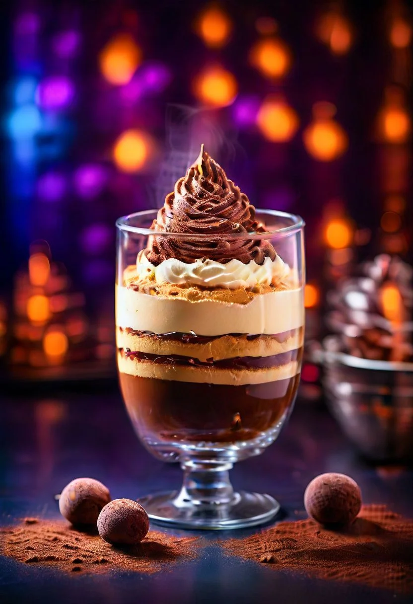 A classic tiramisu presented in individual glass trifle bowl, layered with espresso-soaked ladyfingers, mascarpone cheese, and cocoa powder for a rich and indulgent Italian treat, ad photography, promotional photography, colorful glowing backdrop, glowing neon lights, bokeh neon lights, glow textured backdrop, in dark studio background, dark and glow in background, cinematic lighting, minimal professional photography, soft lighting, fog and smoke around, spot light, studio lighting style, bright lighting, vibrant colors, 4k