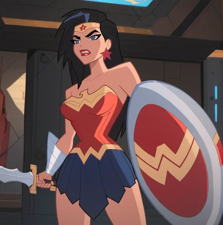 score_9, score_8_up, score_7_up, score_6_up, score_5_up, score_4_up, wonderwomanjla, 1girl, solo, long hair, breasts, skirt, black hair, holding, bare shoulders, jewelry, medium breasts, weapon, pleated skirt, earrings, teeth, sword, indoors, star, (symbol), holding weapon, blue skirt, holding sword, tiara, shield, circlet, red lips, star earrings, holding shield, bracer, <lora:wonderwomanjusticeleagueaction_pony:1>