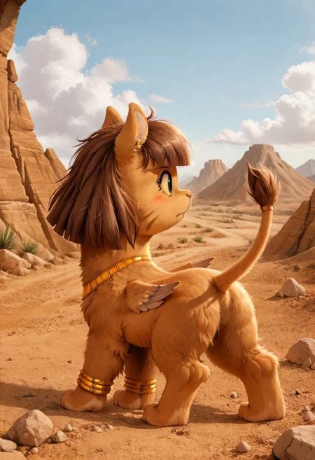full body, ((solo)), furry, fluffy, fluffy fur, perfect eyes, zPDXL3, ((action_pose:1.5)), sfw, 

cute female furry feral chibi m4gp1e, rear view, standing, raised tail, (looking back):1.3, blushing, rocks, source_furry, m4gp1e, sphinx, feral, jewelry, bracelets, wings,

(((outside desert mountain))),  

(high detailed face), (high art quality), (high detailed), 4k, (high resolution), (8k resolution), masterpiece, best quality, ((scenery)), detailed background