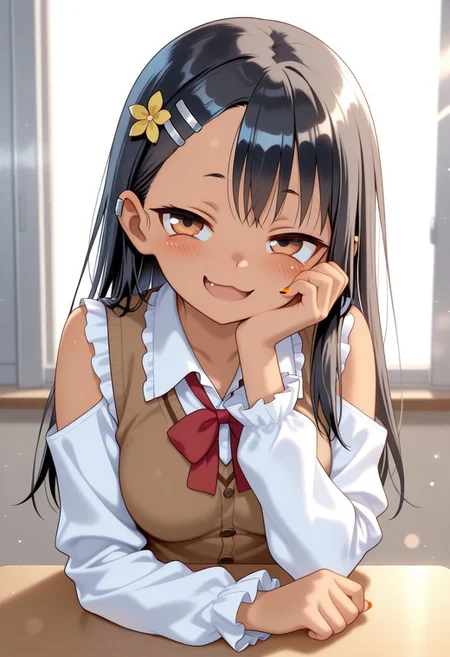 masterpiece, cute, lovely, (best quality:1.3), (amazing quality:1.3) ,very aesthetic, 1girl, solo, blush, (medium breasts:1.2), face satisfied, high gradient eyes, Nagatoro_Hayase_Style, black_hair, brown_eyes, bangs, long_hair, hairclip, hair_ornament, straight_hair, very cute, light particles, cute details, cute colors, naughty face, smug, BREAK, blush, brown vest, clothing cutout, flower, frilled sleeves, frills, hair ornament, hair ribbon, hand on own cheek, hand on own face, head rest, looking at viewer, neck ribbon, one side up, open mouth, red ribbon, ribbon, shirt, shoulder cutout, sunlight, upper body, vest, white shirt, yellow flower, bow, hair flower, jacket, smile, collared shirt, long sleeves, red bow, white jacket,:d, orange nails, frilled collar, eighth rest, hand on own chin