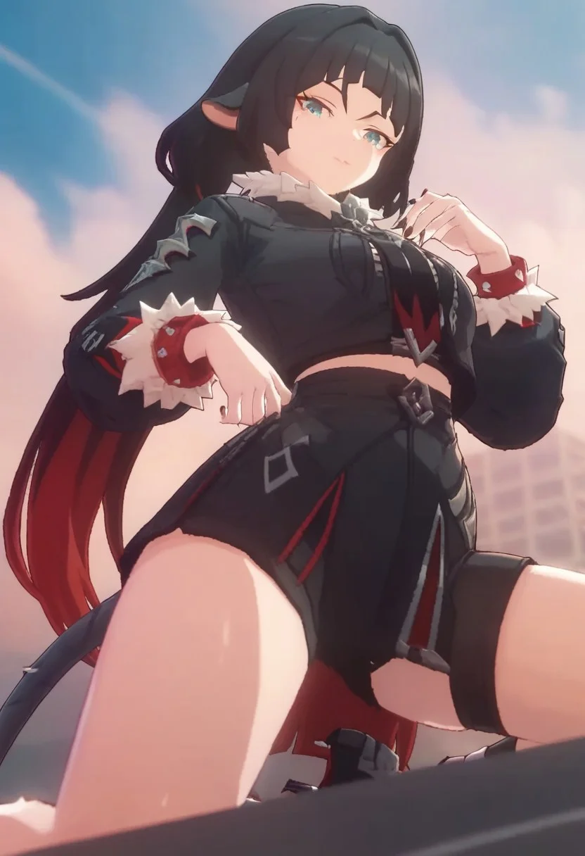 score_9, score_8_up, score_7_up, rating_explicit, 
outdoors, sky,
BREAK 
1girl, solo, 
KJOjane, long hair, black hair, aqua eyes, blunt bangs, tail, mouse ears, animal ears, multicolored hair, red colored tips,
burning_desires pose, from below,