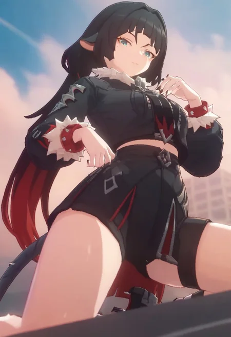 score_9, score_8_up, score_7_up, rating_explicit, 
outdoors, sky,
BREAK 
1girl, solo, 
KJOjane, long hair, black hair, aqua eyes, blunt bangs, tail, mouse ears, animal ears, multicolored hair, red colored tips,
burning_desires pose, from below,