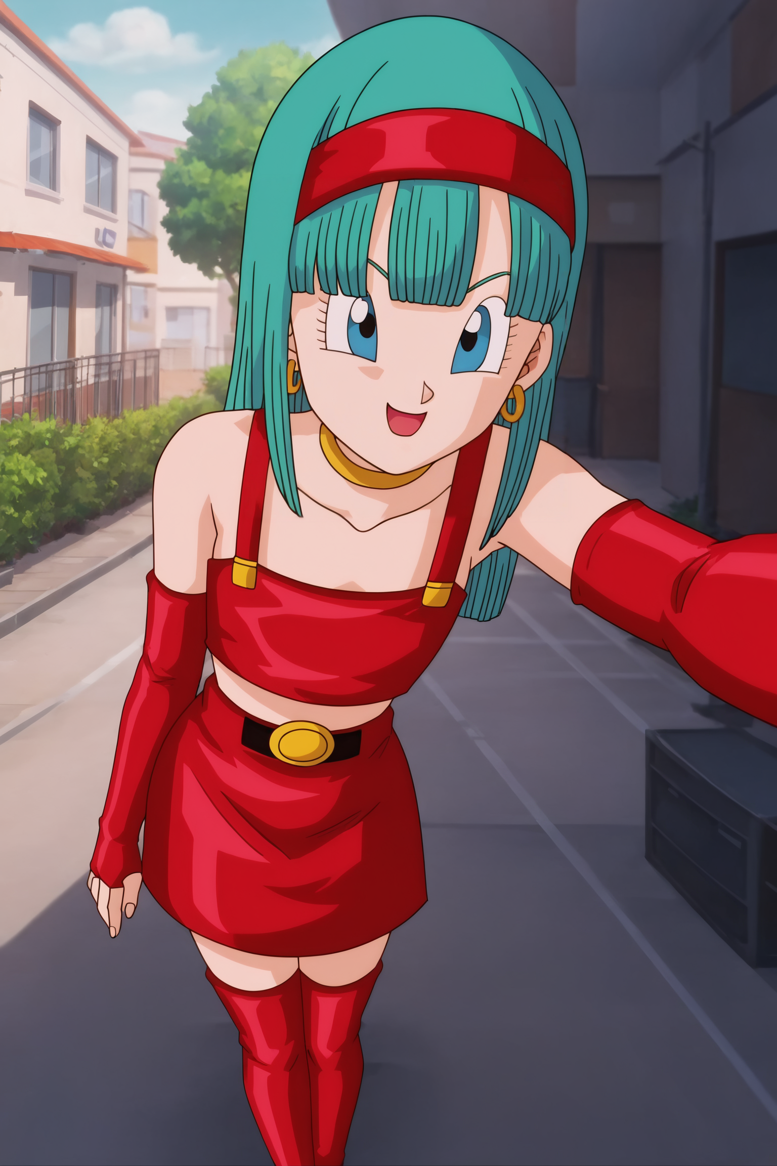 source_anime, score_9, score_8_up, score_7_up, anime screencap, absurdres,
bra \(dragon ball\), official style, 1girl, solo, long hair, straight hair, blunt bangs, aqua hair, blue eyes, eyelashes, red hairband, elbow gloves, red gloves, fingerless gloves, red crop top, midriff, bare shoulders, belt, hoop earrings, bridal gauntlets, red skirt, thigh boots, red footwear, selfie, from above, city, sunlight, outdoors, smile,
 <lora:bra_v1:0.8>