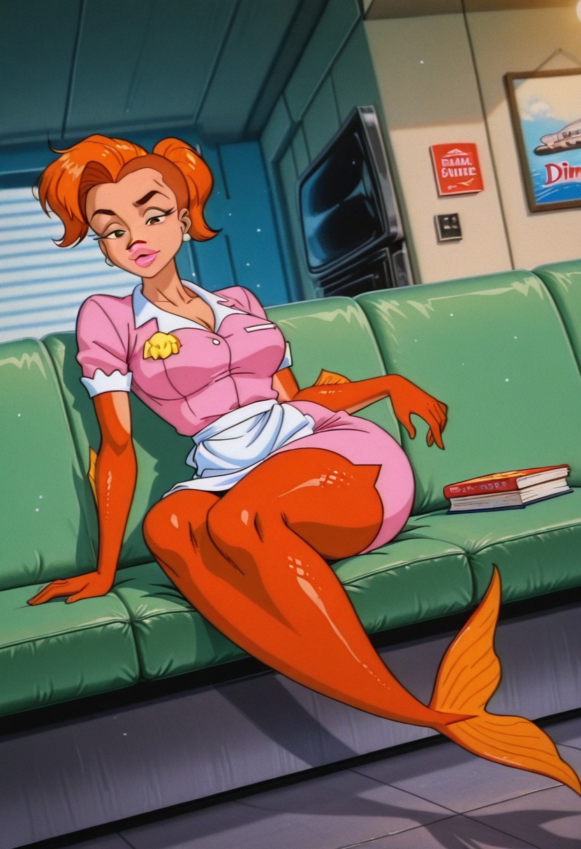 PearlWhiteFP, 1girl, solo, monster girl, mermaid, fish, colored skin, reddish-orange scales, orange hair, short hair, ponytail, green eyes, pink lips, earrings, waitress outfit,  pink dress, white collar, white apron, short sleeves, large breast, fish tail, fins,
,seductive pose, sexy pose, tease, 
masterpiece, best quality, fine details, intricate details, depth of field, subsurface scattering, bokeh,
 ultra-detailed, very aesthetic, detailed background, newest, scenery, highres, absurdres, colorful, vibrant, glowing, perfect face, 2d, perfect eyes,  vibrant saturated colors, volumetric lighting, sharp, detailed eyes, perfect anatomy,  perfect face, perfect eyes, mature body, clear eyes, beautiful eyes, athletic, curvy body, athletic girl, perky tits, perfect tits, round breasts, pinup pose, teasing, lustful expression, perfect hands, 
muscular female, dutch angle, 
diner,  sleeping, napping, female, hips, legs feet, pink nose, cute feet, big couch, living room, books, TV, comfy,
,Smooth Negative, Smooth_Quality,
90s_anime_aesthetic, 1990s (style), retro, retro artstyle