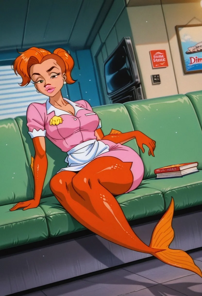 PearlWhiteFP, 1girl, solo, monster girl, mermaid, fish, colored skin, reddish-orange scales, orange hair, short hair, ponytail, green eyes, pink lips, earrings, waitress outfit, pink dress, white collar, white apron, short sleeves, large breast, fish tail, fins,
,seductive pose, sexy pose, tease,
masterpiece, best quality, fine details, intricate details, depth of field, subsurface scattering, bokeh,
ultra-detailed, very aesthetic, detailed background, newest, scenery, highres, absurdres, colorful, vibrant, glowing, perfect face, 2d, perfect eyes, vibrant saturated colors, volumetric lighting, sharp, detailed eyes, perfect anatomy, perfect face, perfect eyes, mature body, clear eyes, beautiful eyes, athletic, curvy body, athletic girl, perky tits, perfect tits, round breasts, pinup pose, teasing, lustful expression, perfect hands,
muscular female, dutch angle,
diner, sleeping, napping, female, hips, legs feet, pink nose, cute feet, big couch, living room, books, TV, comfy,
,Smooth Negative, Smooth_Quality,
90s_anime_aesthetic, 1990s (style), retro, retro artstyle
