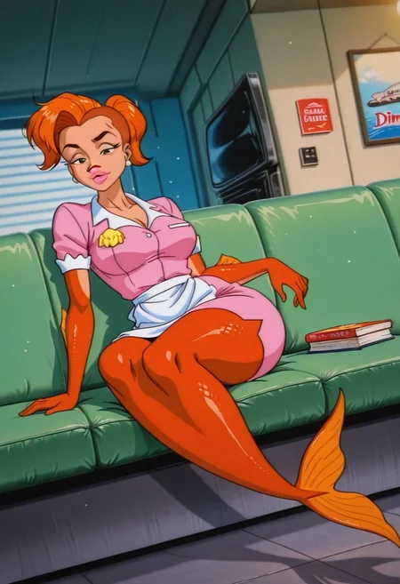PearlWhiteFP, 1girl, solo, monster girl, mermaid, fish, colored skin, reddish-orange scales, orange hair, short hair, ponytail, green eyes, pink lips, earrings, waitress outfit, pink dress, white collar, white apron, short sleeves, large breast, fish tail, fins,
,seductive pose, sexy pose, tease,
masterpiece, best quality, fine details, intricate details, depth of field, subsurface scattering, bokeh,
ultra-detailed, very aesthetic, detailed background, newest, scenery, highres, absurdres, colorful, vibrant, glowing, perfect face, 2d, perfect eyes, vibrant saturated colors, volumetric lighting, sharp, detailed eyes, perfect anatomy, perfect face, perfect eyes, mature body, clear eyes, beautiful eyes, athletic, curvy body, athletic girl, perky tits, perfect tits, round breasts, pinup pose, teasing, lustful expression, perfect hands,
muscular female, dutch angle,
diner, sleeping, napping, female, hips, legs feet, pink nose, cute feet, big couch, living room, books, TV, comfy,
,Smooth Negative, Smooth_Quality,
90s_anime_aesthetic, 1990s (style), retro, retro artstyle