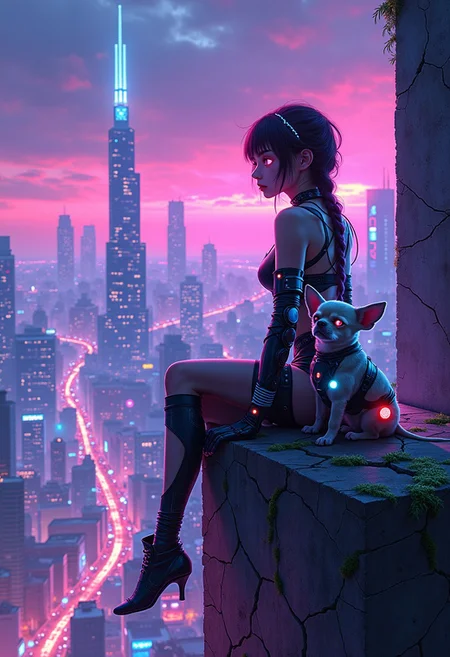 futuristic cyberpunk girl and a robotic bionic chihuahua puppy  with a cyberpunk aesthetic sits on the ledge of a glowing skyscraper, overlooking a sprawling futuristic city. She has a heart-shaped face, almond eyes, and long, neon-glowing hair styled into a cyber-enhanced braid. Wearing a sleek, high-tech outfit and a lot of equipment, accessoires & elements in a futuristic cyber punk style, like  NeuroVisor", "HoloVisor" or "CyberLens" and PulseBands, NanoSleeves or CyberCuffs that shimmers in neon light, sky full of holographic patterns. Below, flying cars zip through streets lined with neon signs and dynamic, futuristic architecture. The cityscape is vibrant with pink and electric blue hues, as drones patrol the skies. The ledge she sits on is cracked and adorned with digital moss, symbolizing the fusion of nature and technology. The scene captures the cool, futuristic beauty of the city in the calm of a neon-lit night, detailed finish,