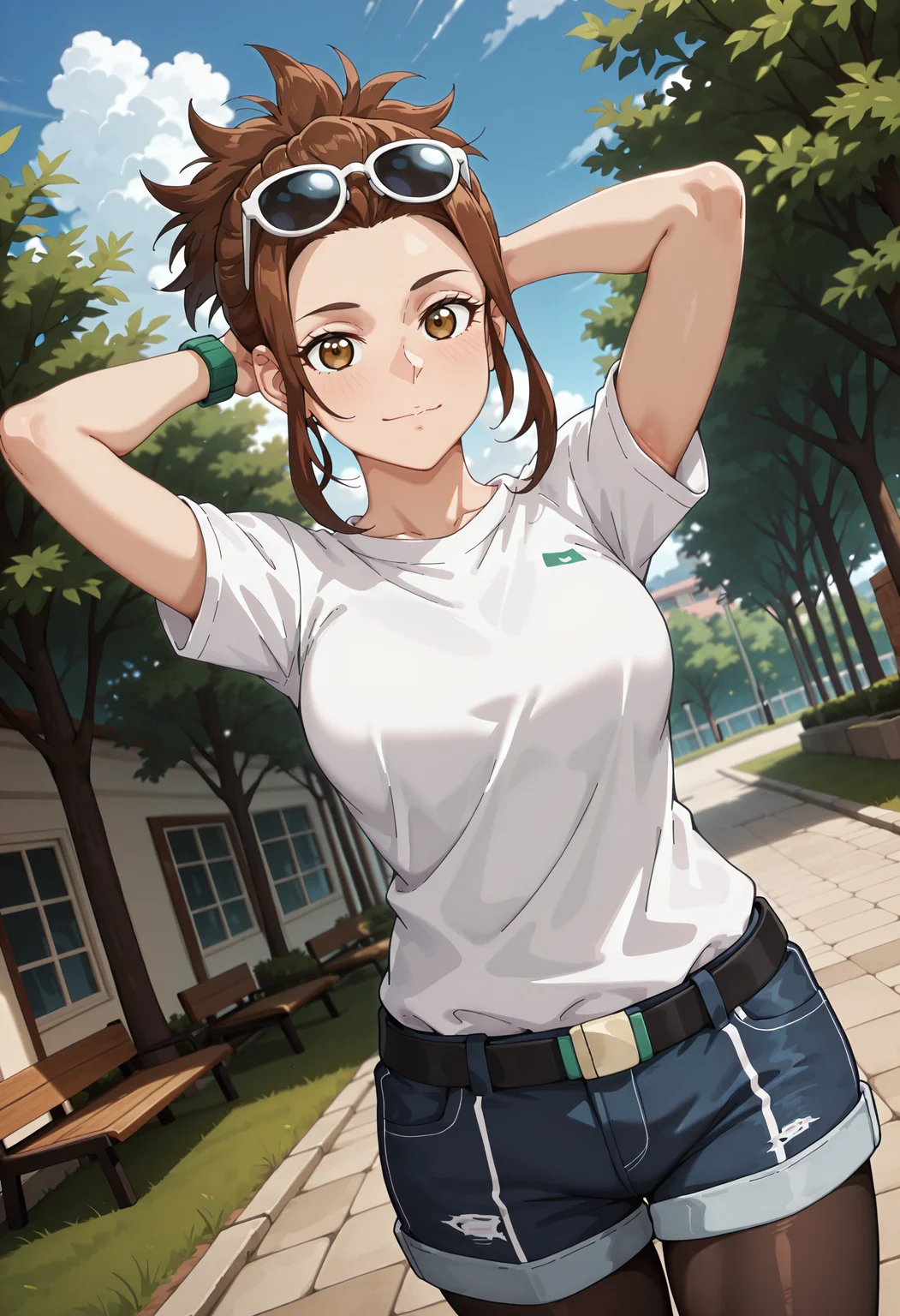 best quality, amazing quality, perfect quality, high quality, masterpiece, absolutely eye-catching BREAK
<lora:Shangri-La_Frontier_-_Megumi_Natsume:1> ShangriMegumi, brown eyes, brown hair, medium hair, ponytail, curtained hair, short sidelocks BREAK
sunglasses, eyewear on head, white t-shirt, denim shorts, black pantyhose, green wristwatch BREAK
1girl, solo, walking, outdoors, trees, blue sky, clouds, looking at viewer, cowboy shot, dutch angle, light smile, arms behind head