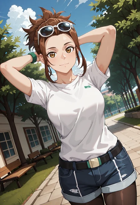 best quality, amazing quality, perfect quality, high quality, masterpiece, absolutely eye-catching BREAK
<lora:Shangri-La_Frontier_-_Megumi_Natsume:1> ShangriMegumi, brown eyes, brown hair, medium hair, ponytail, curtained hair, short sidelocks BREAK
sunglasses, eyewear on head, white t-shirt, denim shorts, black pantyhose, green wristwatch BREAK
1girl, solo, walking, outdoors, trees, blue sky, clouds, looking at viewer, cowboy shot, dutch angle, light smile, arms behind head
