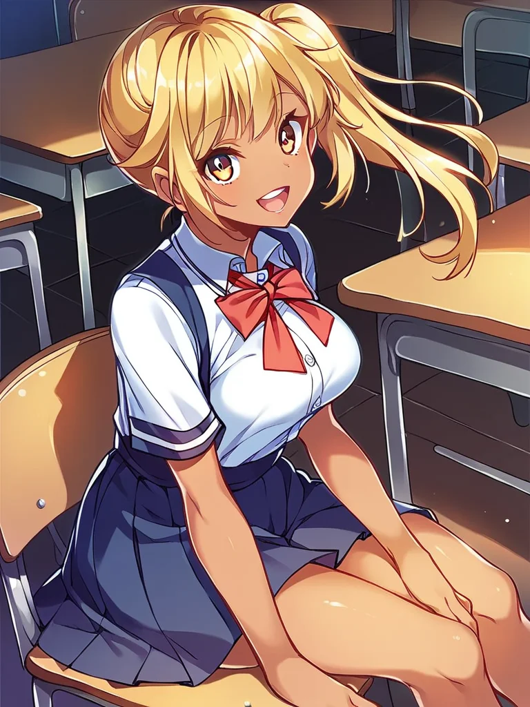 score_9, score_8_up, score_7_up,
1girl, school uniform, pinafore, white shirt, short sleeves, red bowtie, pleated skirt,
medium breasts, dark-skinned female, blonde hair, side ponytail, brown eyes, sitting, school chair, smile, looking at viewer, open mouth,