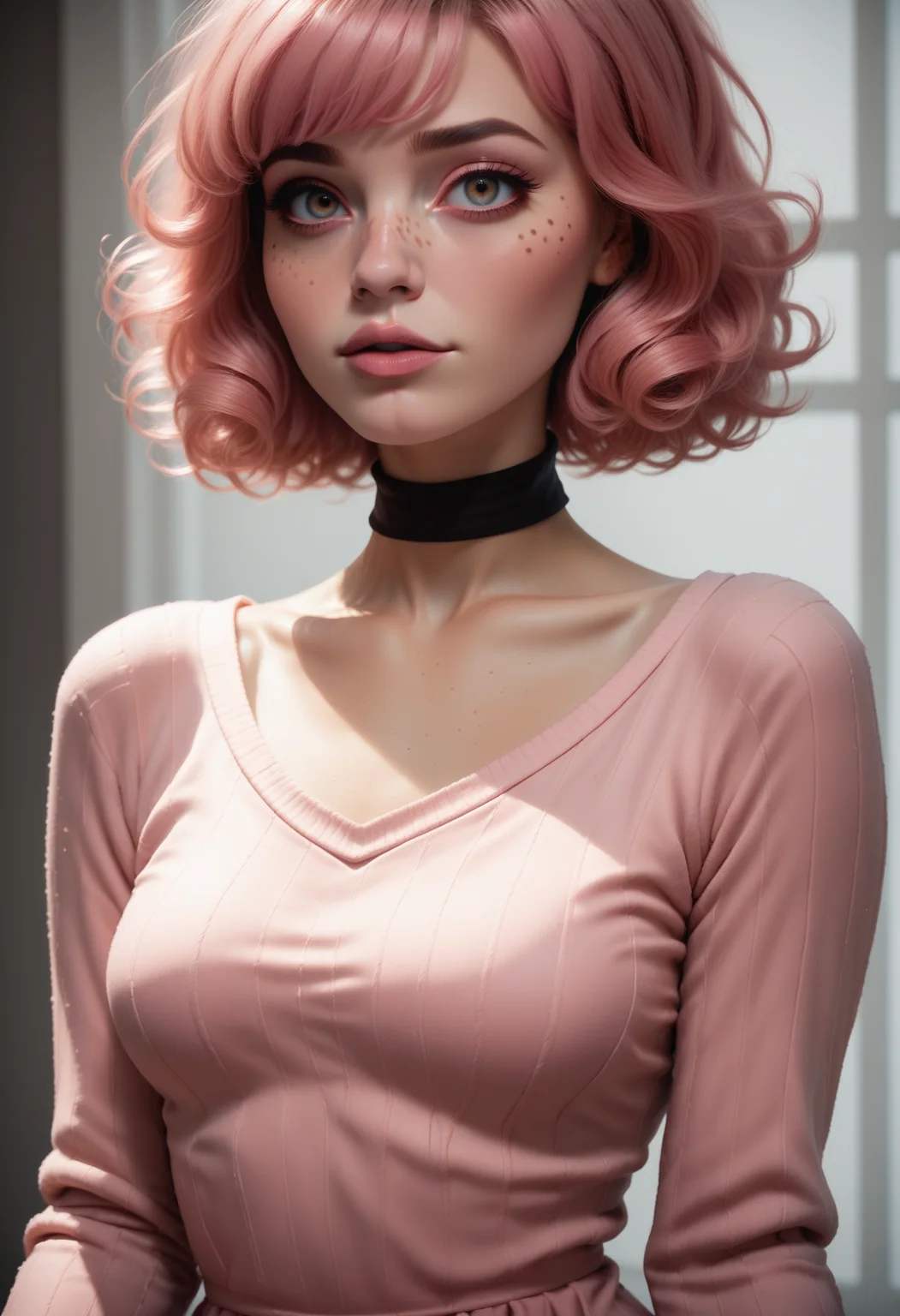 score_9, score_8_up, score_7_up,
1girl, solo, sexy sweater dress, pink dress, scoop neck, black choker,
<lora:Dark_Rosa_Pony_v0.3:0.6> d4rkr0s4, hazel eyes, pink hair,