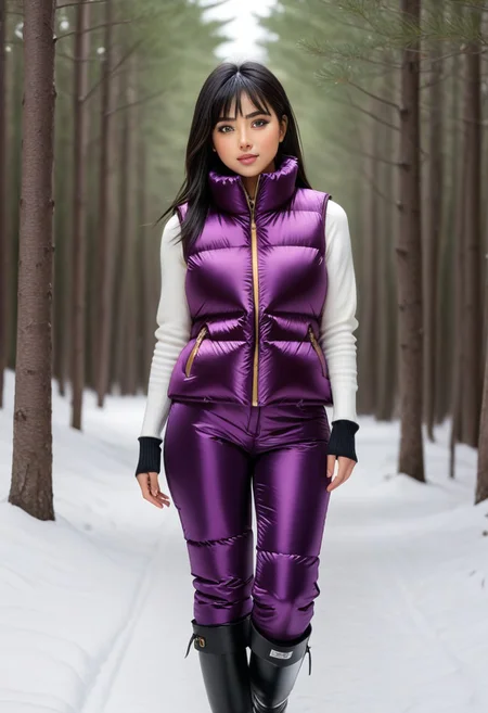 ((((puffer padded vest)))), ((((puffer padded vest)))), ((((full body)))), ((((fur boots)))), ((((puffer pants)))), winter, snow, forest, 1girl, solo, (masterpiece), detailed face, detailed eyes, (beautiful detailed eyes:1.5), sidelighting, (super detail, hyper detail, intricate_details, detailed), (semi realistic:1.6), (Bob cut), blunt bangs,(black hair), (purple eyes, eyelashs), smug smile, angry face, golden armlets, padded collar, Thick padded collar, <lora:Collar-SDXL:0.6>, <lora:cropped_puffer_vest_v2:0.4>, <lora:snowpants_v1:0.4>
