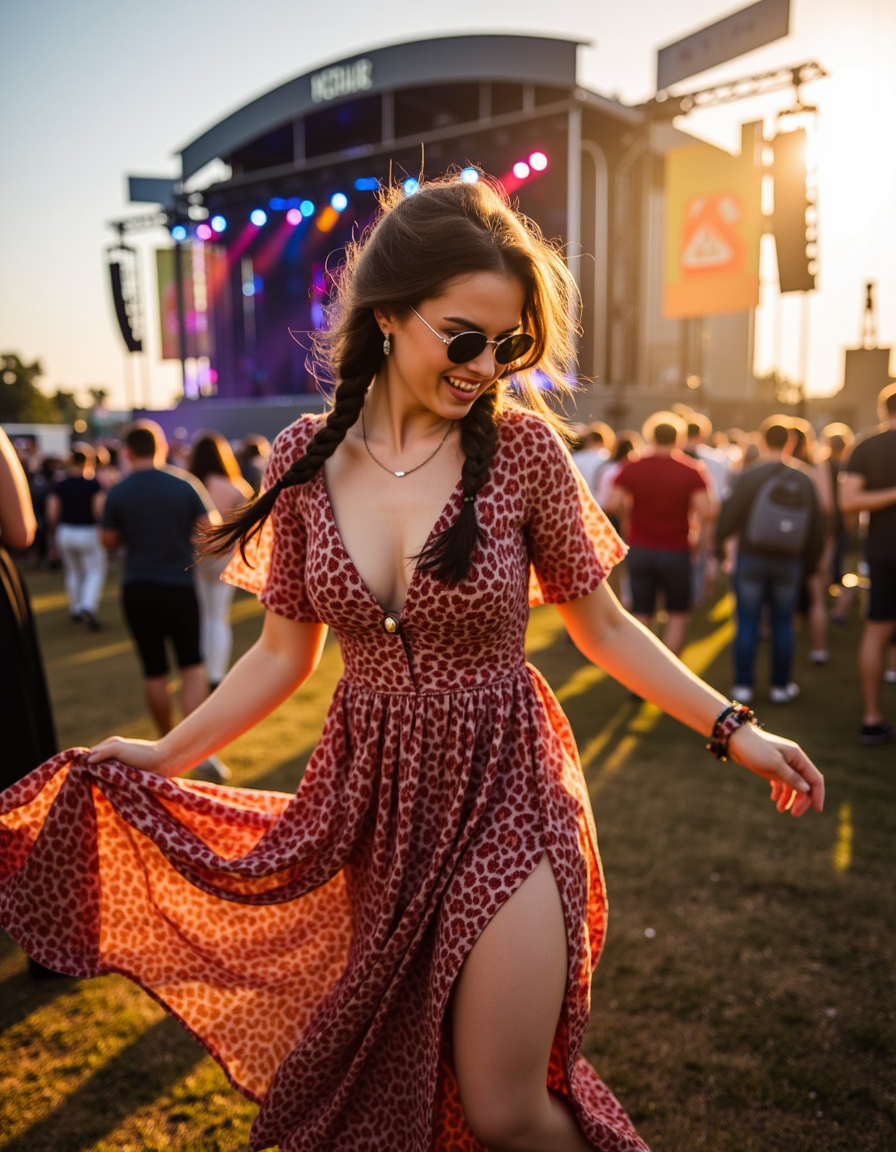<lora:lora:1> p4rt1gs, ultra quality, ultra detailed image, ultra realistic, a vibrant young woman in a flowing bohemian dress, her sun-kissed skin glowing under the golden hour light as she dances freely at an outdoor music festival. She wears stylish round sunglasses, her long wavy brunette hair adorned with tiny braids. A slow shutter speed captures the motion blur of her movement while neon stage lights illuminate her silhouette. Shot with a wide-angle lens at a dynamic low angle, emphasizing the energy of the crowd and the towering festival stage behind her.