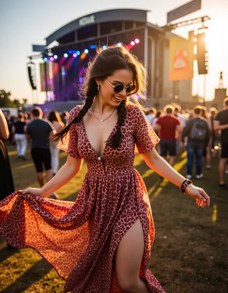 <lora:lora:1> p4rt1gs, ultra quality, ultra detailed image, ultra realistic, a vibrant young woman in a flowing bohemian dress, her sun-kissed skin glowing under the golden hour light as she dances freely at an outdoor music festival. She wears stylish round sunglasses, her long wavy brunette hair adorned with tiny braids. A slow shutter speed captures the motion blur of her movement while neon stage lights illuminate her silhouette. Shot with a wide-angle lens at a dynamic low angle, emphasizing the energy of the crowd and the towering festival stage behind her.