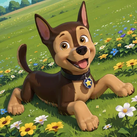 score_9, score_8_up, score_7_up, score_6_up, source_cartoon, Chase(PP), solo, 1boy, feral, German shepherd, dog, brown and tan fur, brown eyes, black nose, thin tail, black collar, star (symbol) tag, full body, looking at viewer, lying on stomach, paw pose, smiling, mouth open, tongue out, detailed background, cowboy shot, from above, flower field background,