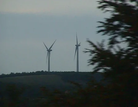 m8vic2, Two wind turbines in focus, tall structures, located on a hill, blurred tree branches in the foreground, indicating movement, dusk setting, silhouettes against the evening sky, muted colors, dark green and gray tones, overcast lighting, wide landscape view, outdoor environment, slightly overexposed highlights., 