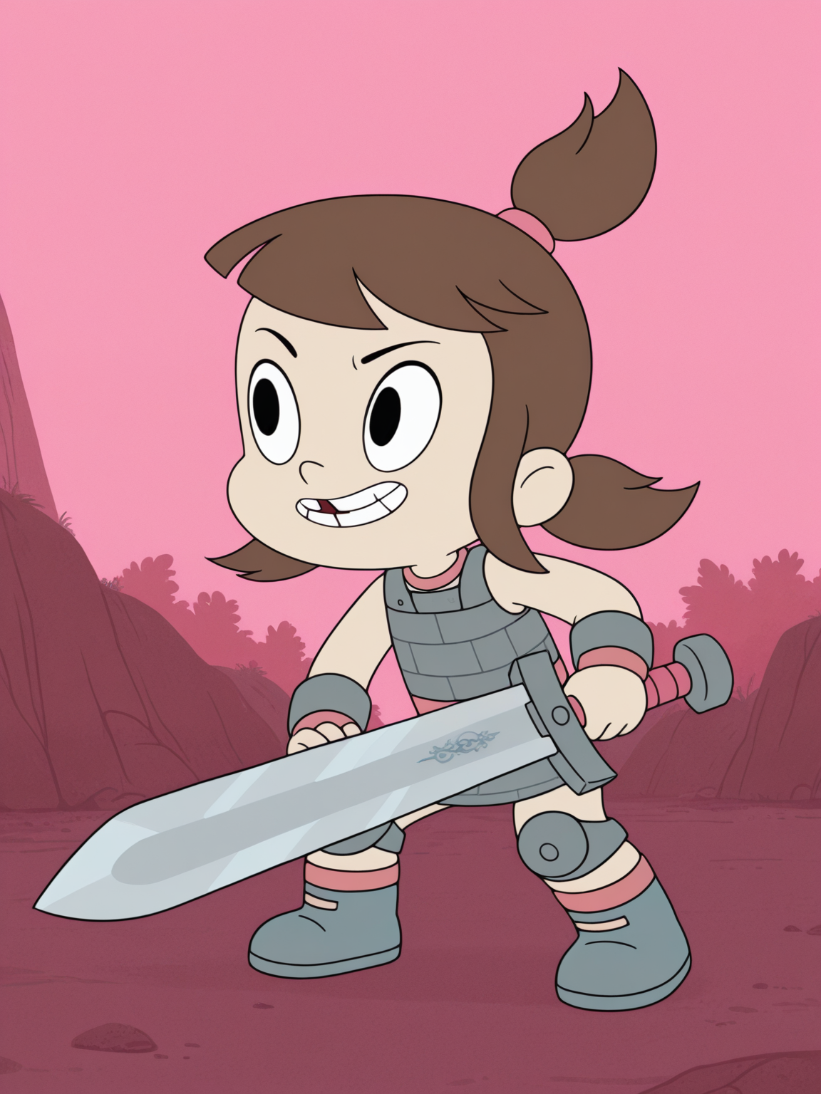 <lora:AudreyIL:0.9> a_ey, 1girl, black eyes, brown hair, bangs, ponytails, high ponytail, elastic band, missing tooth,
gigantic sword, steel armor,glowing liens, action, full body, glowing background