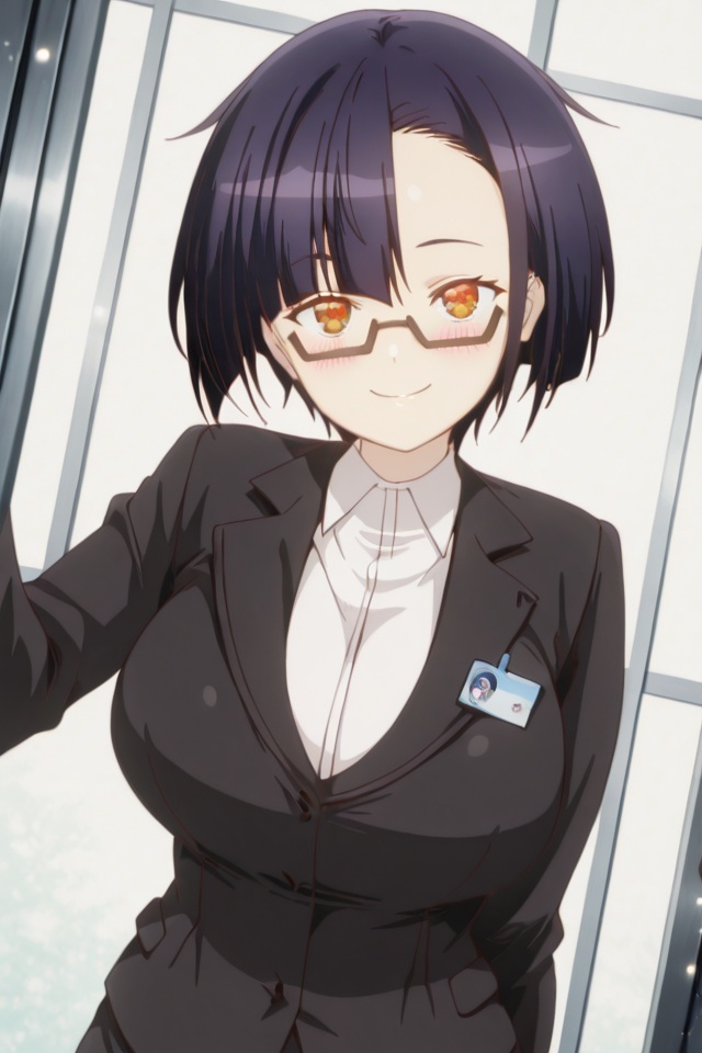 PonyScores, Expressiveh, (score_9, score_8_up, score_8, ASCII score_9), Rating 9, Rating 8, Rating 7, (Nias Carlin), source_anime, rating_safe, masterpiece, best quality, good quality, newest, outdoors background, glitter, smile, (1girl), (solo), anime coloring, cowboy shot, ((standing)), ((looking at the viewer)), close-up, (big breasts), large breasts, (upper body), (natural beauty), seductive smile, detailed backgrounds, extremely detailed CG, extremely detailed face, detailed Lora, focused subject, (ultra detail eyes), (beautiful sexy female), seductive smile, (iper detailde eyes), (ultra detail eyes), (beautiful eyes), detailed backgrounds, (detailed eyes), (perfect eyes), (Detailed pupils, intricate pupil details, defined pupils, Intricate iris details, defined iris), (large expressive eyes), (big expressive eyes), blush, ExpressiveH, <lora:Im_the_Evil_Lord_of_an_Intergalactic_Empire_-_Nias_Carlin:1>, orange eyes, purple hair, short hair, asymmetrical bangs, semi-rimless eyewear BREAK black jacket, white shirt, black pencil skirt, outdoors, indoors, light particles, cowboy shot, smile, looking at viewer, dutch angle, <lora:NiasCarlinillusApexAi:1>, nude, naked, cosplay,