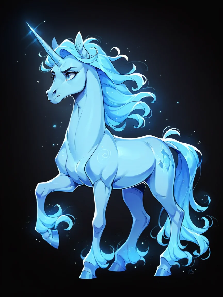 score_9, score_8_up, score_7_up, score_6_up, score_5_up, <lora:p4tr0nusXLP:1> p4tr0nus, no humans, glowing, black background, blue theme, unicorn,