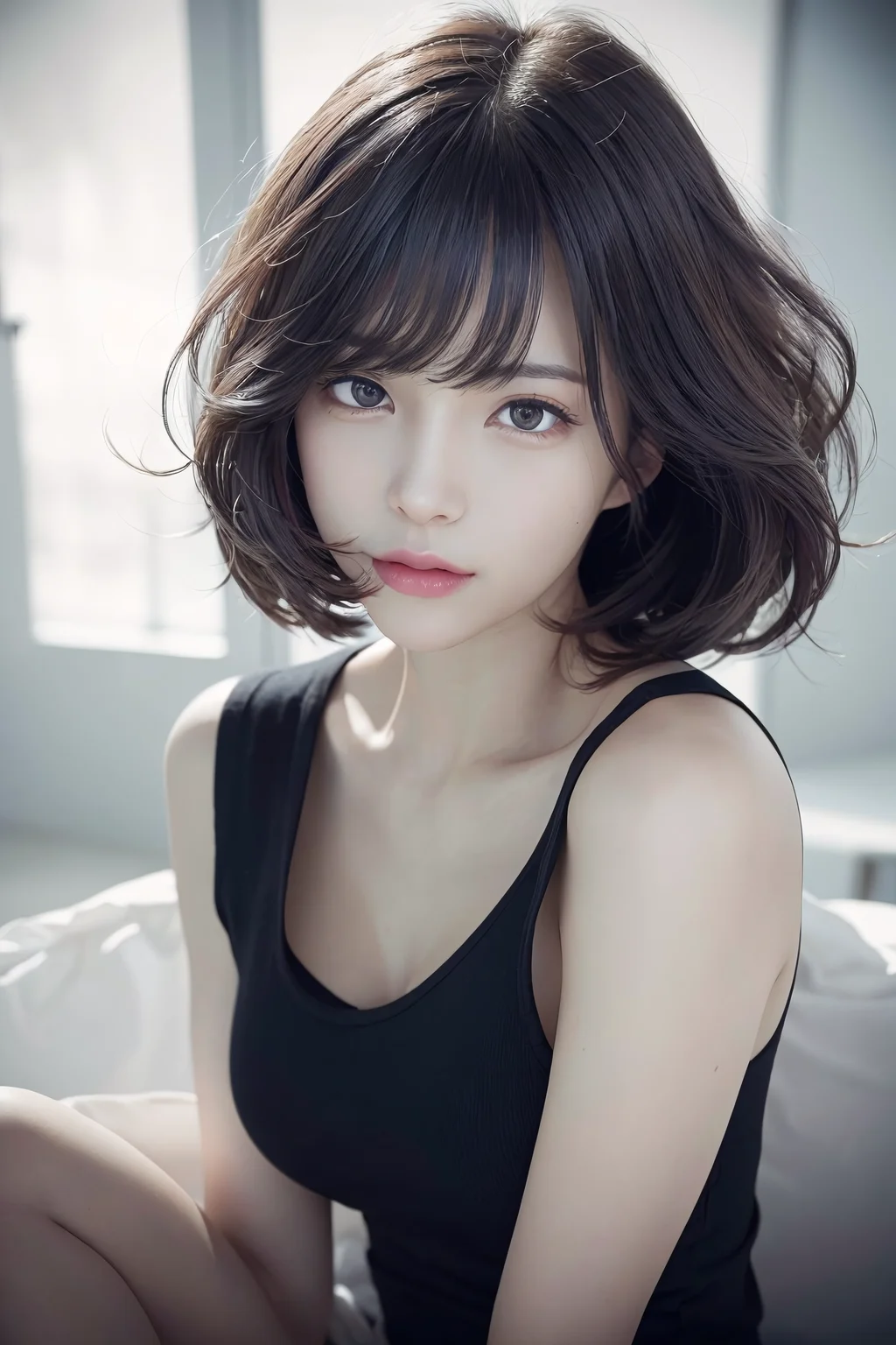 (RAW photo, best quality), (realistic, photo-realistic:1.3), masterpiece, an extremely delicate and beautiful, extremely detailed, CG, unity, 8k, amazing, finely detail, ultra-detailed, highres, absurdres, soft light, (black hair, short hair, curly hair, messy hair, bangs), beautiful detailed girl, detailed fingers, extremely detailed eyes and face, beautiful detailed nose, beautiful detailed eyes, (light on face), looking at viewer, (closed mouth:1.2), 1girl, cute, young, mature face, pale skin, (half body:1.3, sitting), (medium breasts), realistic face, realistic body, beautiful detailed thigh, (ulzzang-6500-v1.1:0.6), <lora:koreanDollLikeness_v15:0.5>, black shirt,  <lora:kaomingStyleLora_kaomingStyleV1:0.6>, (semi smile:1.3),